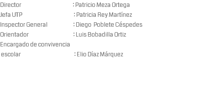 Director : Patricio Meza Ortega Jefa UTP : Patricia Rey Martínez Inspector General : Diego Poblete Céspedes Orientador : Luis Bobadilla Ortiz Encargado de convivencia escolar : Elio Díaz Márquez 