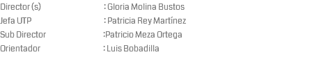 Director (s) : Gloria Molina Bustos Jefa UTP : Patricia Rey Martínez Sub Director :Patricio Meza Ortega Orientador : Luis Bobadilla 